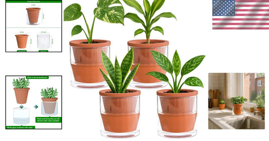 Handcrafted 4-Inch Self-Watering Planter Set with Terracotta Pots and Glass Cups