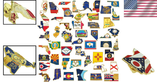 Gold Plated 50 US State Lapel Pins Set - Enamel Finish & Secure Clutch Back