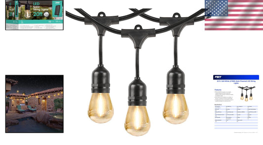Weatherproof Solar Powered String Lights - 20ft with 11 Shatterproof Bulbs