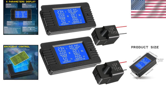 2-Pack LCD Digital AC Power Meters with 100A CT for Home & Business Use