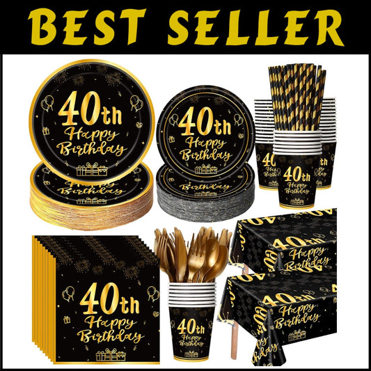 452 Pcs Black and Gold 40th Birthday Party Supplies - Classy Disposable Set