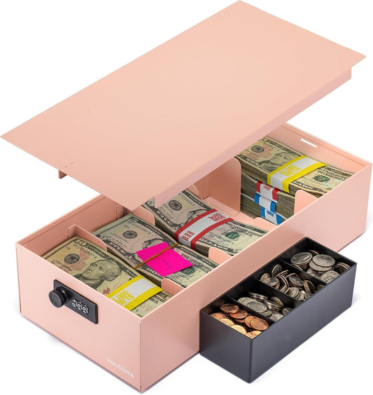 Heavy Duty Steel Cash Organizer Box - Portable Pink Design with Locking Features