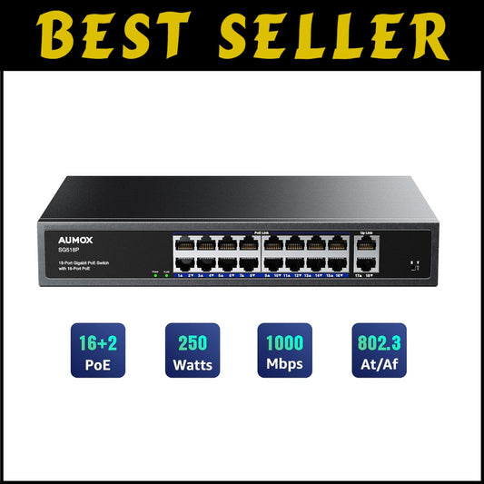 Unmanaged 18-Port PoE Ethernet Switch - 2 Uplink Gigabit Ports & VLAN Support
