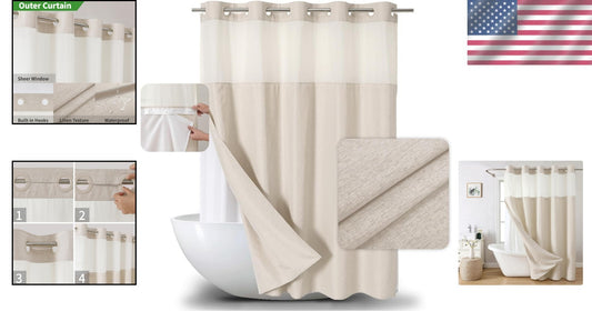 Elegant Cream Linen Shower Curtain with Snap-in Liner - 71WX86H Grommet Style