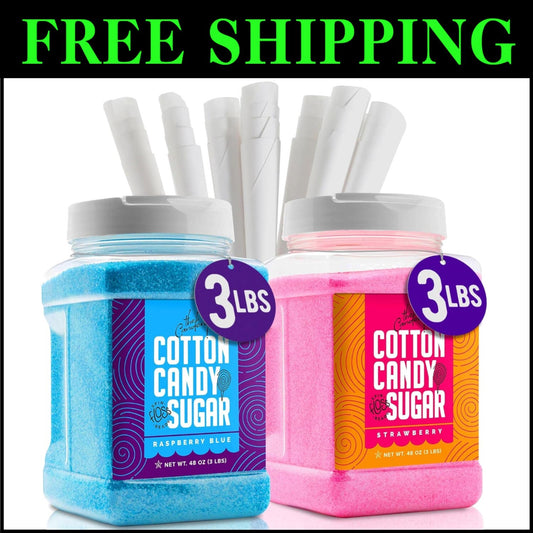 Raspberry Blue & Strawberry Cotton Candy Sugar - 2-Pack, 3 lbs Jars & Scooper