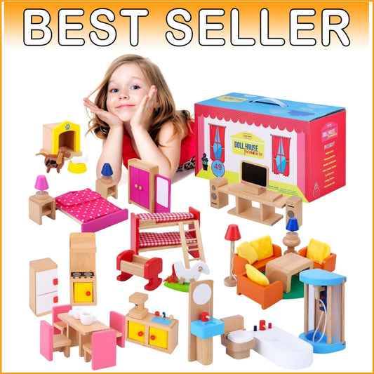 Wooden Dollhouse Furniture Set – 49PCS, 7 Rooms for Kids’ Creative Adventures