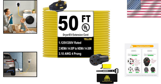 10 Gauge 50FT NEMA 14-30 Extension Cord - Ideal for Dryers and Level 2 Charging