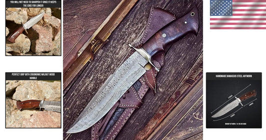 Durable Damascus Hunting Knife with Compound Bevel Blade & Leather Sheath