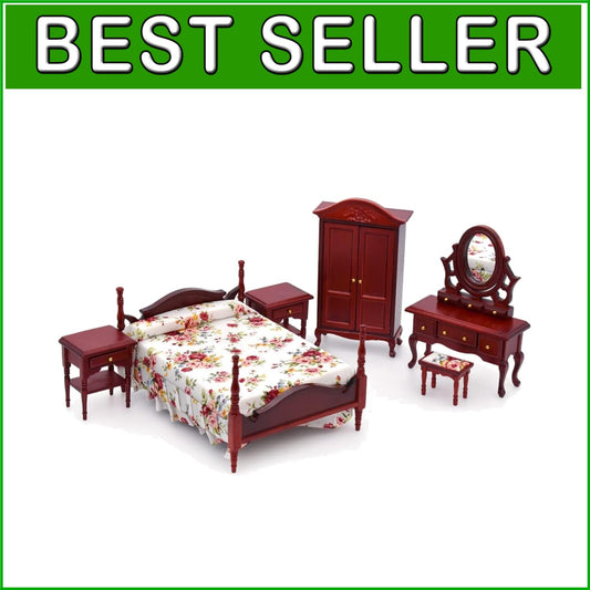 6-Piece Mahogany Dollhouse Furniture Set - Includes Bed, Wardrobe & More