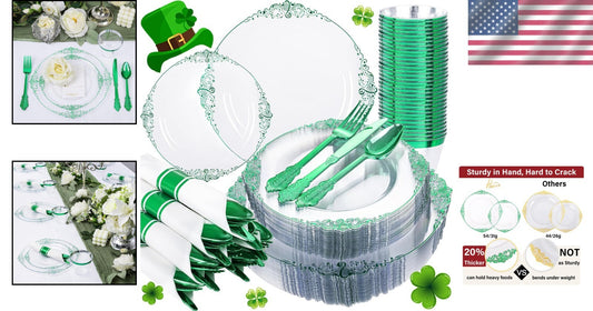 Elegant 175PCS Clear Plate Set with Green Rim - Perfect for St. Patrick's Day