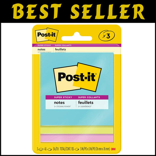 Super Sticky Notes - 3x3 in, 3 Pads, 2X Sticking Power, Neon Colors - Pack of 48