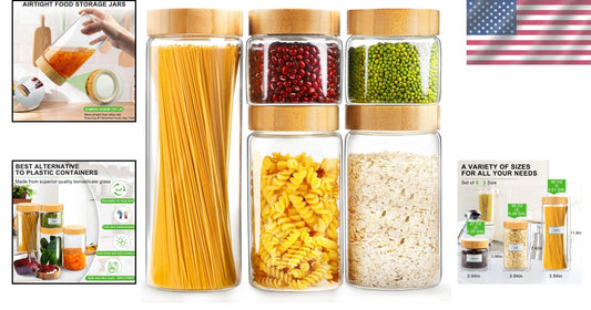 Wide Mouth Airtight Glass Jars with Bamboo Lids - 5 Sizes for Kitchen Pantry