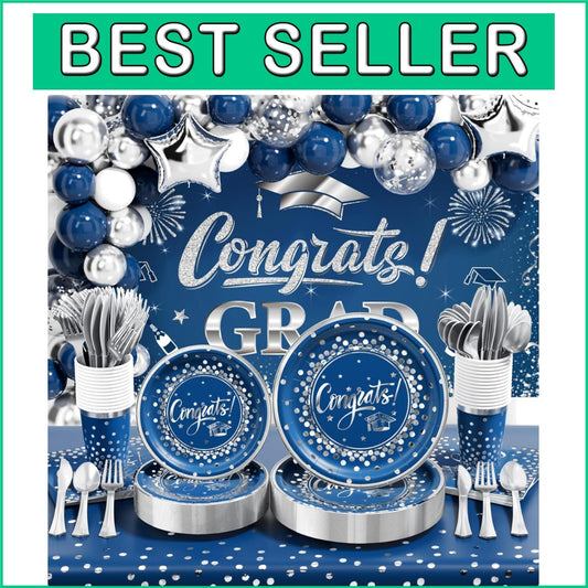 2025 Graduation Party Supplies Set - 245 PCS for 25 Guests in Navy Blue & Silver