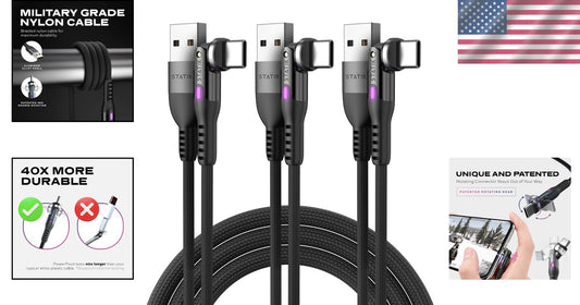 Durable Nylon Braided USB-C Charger 90° Right Angle with LED Indicator, 3-Pack