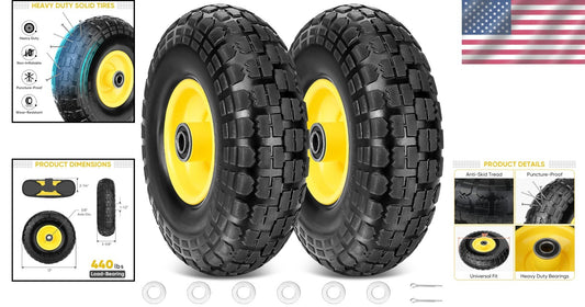 Flat Free 13" Solid Tire & Wheel Set - Heavy-Duty 2 Pack for Garden & Cart