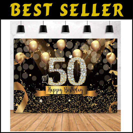 Elegant 10x8ft Glittering 50th Birthday Photography Backdrop with Gold Balloons