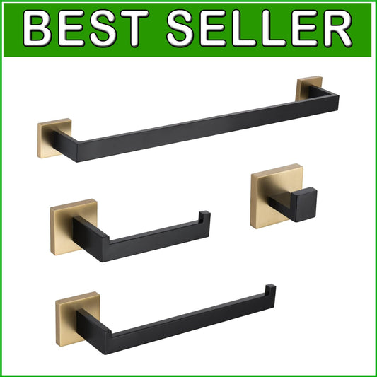 4-Piece Black & Gold Stainless Steel Bathroom Hardware Set - Elegant Style