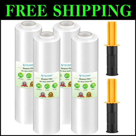 Clear Plastic Stretch Film Roll with Handles - 15" Wide, 1000ft for Safe Moving