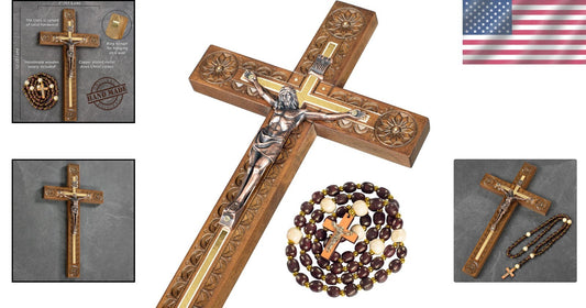 Handcrafted 12-Inch Crucifix Wall Cross - Elegant Decor with Wooden Rosary Gift