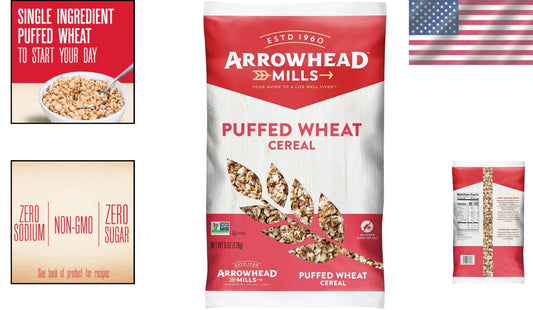 American Grain Puffed Wheat Cereal - 6 oz Bags, Pack of 12 for Balanced Mornings