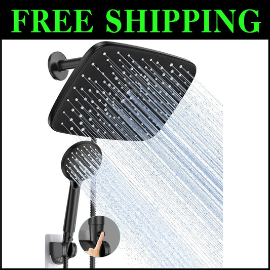 Luxurious 11.8-Inch Eco Flow Shower Head with 6 Settings - Matte Black Finish