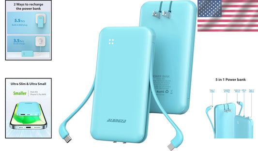 10000mAh Portable Charger with Built-in Cables & AC Wall Plug - Fast Charging