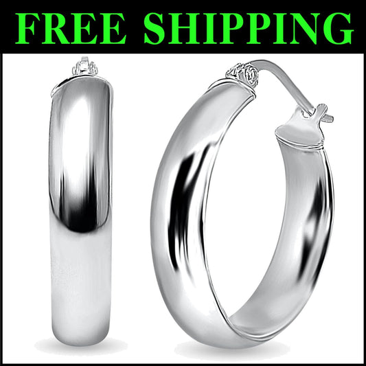 Thick High Polished Sterling Silver Chunky Hoop Earrings, Nickle Free Options