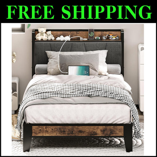 Noise-Free Twin Bed Frame with USB Charging Headboard - Perfect for Small Spaces