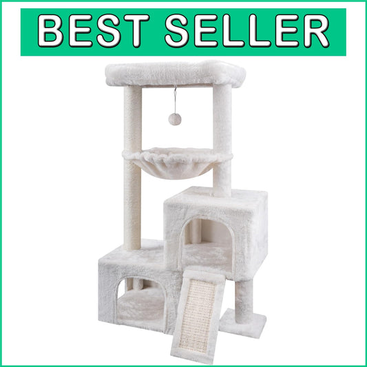 37.4" Beige Cat Tower with Twin Condos, Perch & Scratching Post - Cozy Retreat