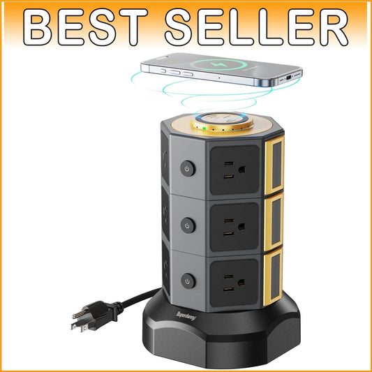 Elegant Surge Protector Tower with 15W Wireless Charger & 12 AC Outlets in Gold