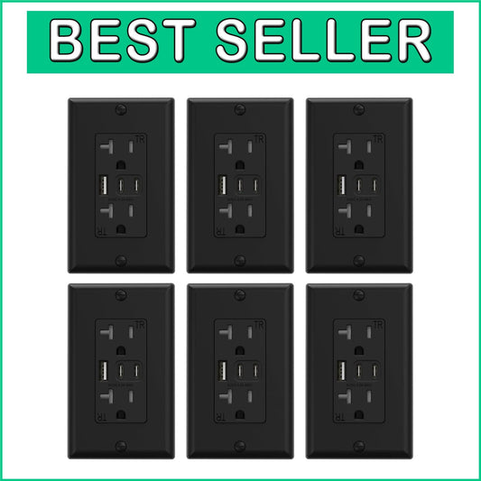 Energy Efficient 20 Amp Wall Outlet with Tamper-Resistant USB Ports - 6 Pack