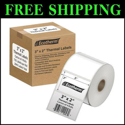 Versatile 3" x 2" Thermal Labels - 4 Rolls, Ideal for Zebra & Print Applications