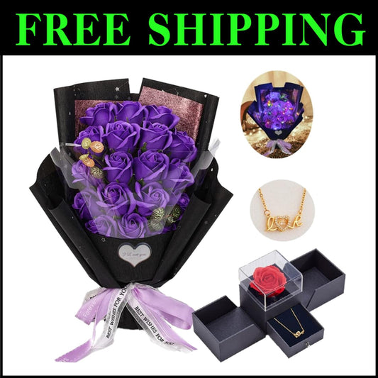 Artificial Purple Roses with Gift Box & Necklace - Perfect Mother's Day Gift