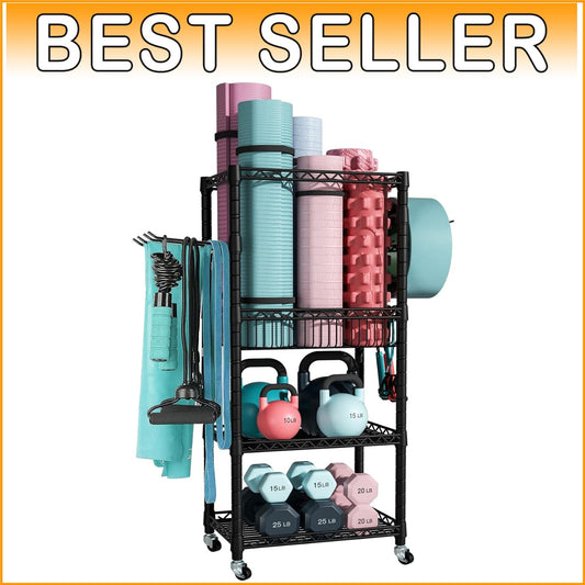 Durable 3-Tier Exercise Equipment Organizer with Security Hooks and Mobility