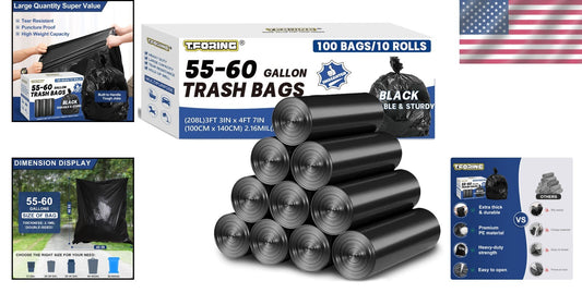 100 Heavy-Duty Unscented Trash Bags - 55-60 Gallon Waterproof Can Liners - Black