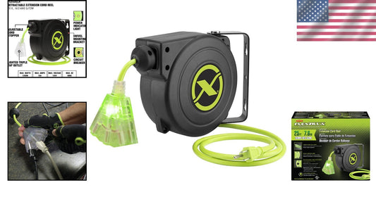 ZillaGreen 25 Ft Retractable Extension Cord Reel with Lighted Triple Tap Outlet
