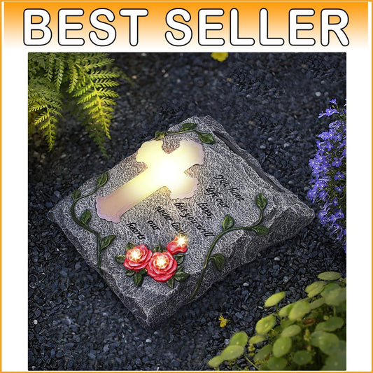 Elegant Solar-Powered Memorial Stepping Stone with Cross and Floral Carvings