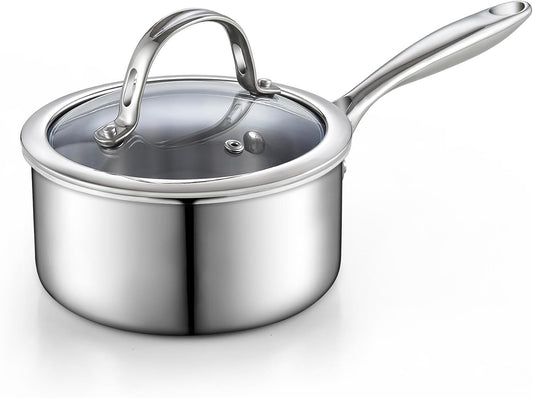 Elegant 1.5-Quart Stainless Steel Saucepan with Lid - Multi-Ply Clad Design