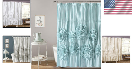 Chic Spa Blue Ruched Floral Shower Curtain - Vintage Glam Bathroom Decor