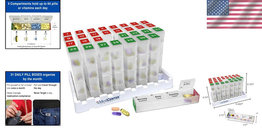 Color-Coded 31 Day Pill Box for Seniors - Easy Open Pill Cases for Daily Meds