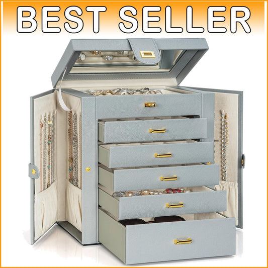 Elegant 5-Drawer Jewelry Organizer with Mirror - Dustproof Leather Storage