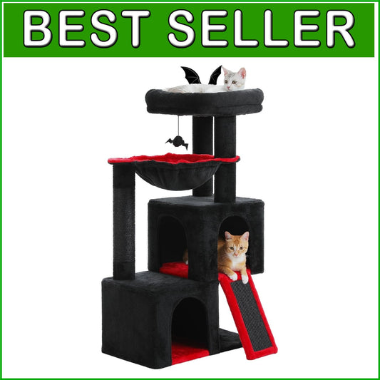 Large Black Cat Tower - 41" Gothic Style with Padded Perch and Scratching Pad