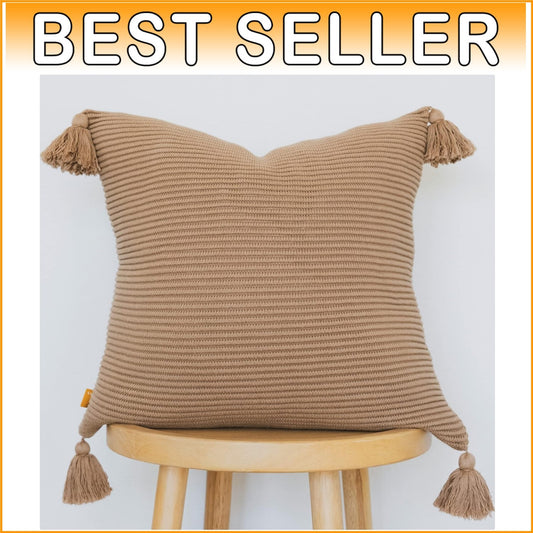 Beautiful 18 Inch Cotton Throw Pillow Cover with Tassels in Striped Mocha Design