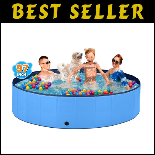 Large Portable Dog Pool with Quick Drain & Foldable Design - 97" Round