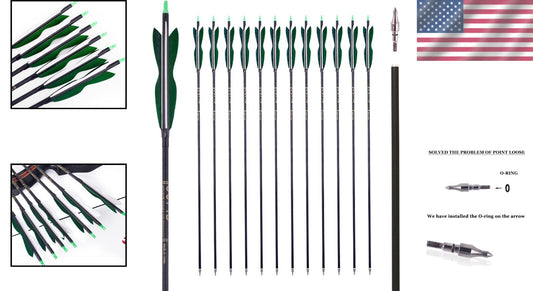 Archery Carbon Arrows 31.5" with Adjustable Nocks & Turkey Feathers - 12 Pack