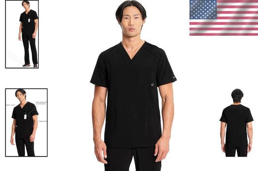 Stylish V-Neck Scrub Top for Men with Chest Pocket and Knit Back Panels