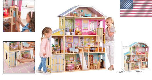 Majestic Wooden Dollhouse with Working Elevator & Fully Furnished, Ages 3+