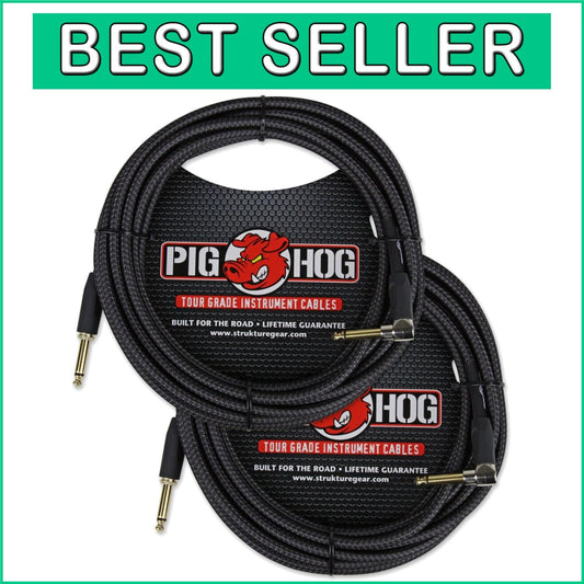 2-Pack 20ft Black Woven Instrument Cable with Gold Plated Right Angle Connectors