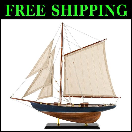 Large Pre-Assembled Sailboat Model with Plank-On-Frame Hull - 20.5" Navy Decor