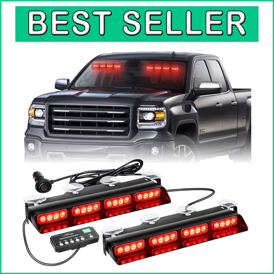 Bright 32-LED Emergency Strobe Lights for Windshield - 2x14 Inch Red Warning Kit